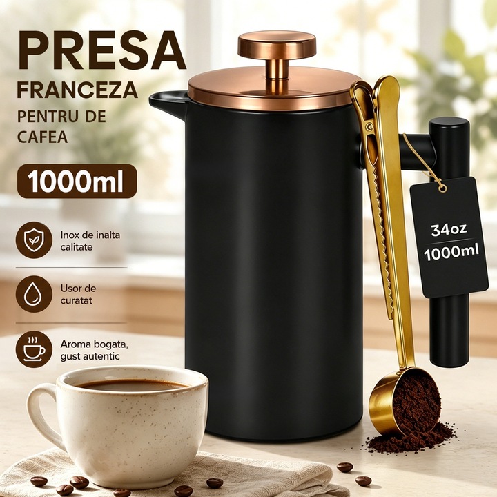 Presa Franceza pentru de Cafea, BYONDSELF®, Cafetiera, cu Perie/Filtre, 1000ml, Inox, Negru/gold