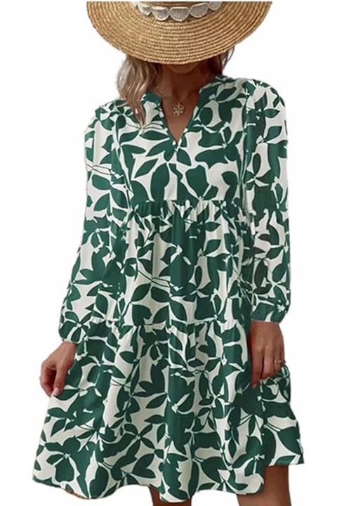 Rochie verde midi cu imprimeu floral, de vara, lejera plisata cu decolteu in v23, Verde