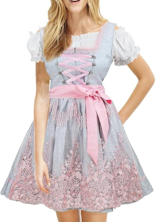 Дамска рокля от 3 части, блуза, сорт, за Октоберфест, карнавал, косплей, сиво/розово, Сив