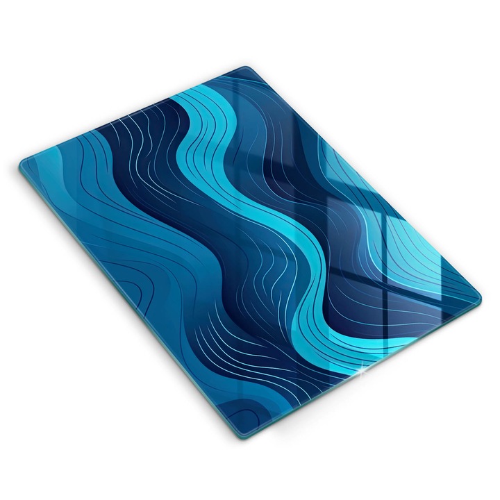 Tocator de bucatarie, Wallfluent, din sticla, 40x52 cm, Valuri abstracte, Albastru, 010010520130000275236
