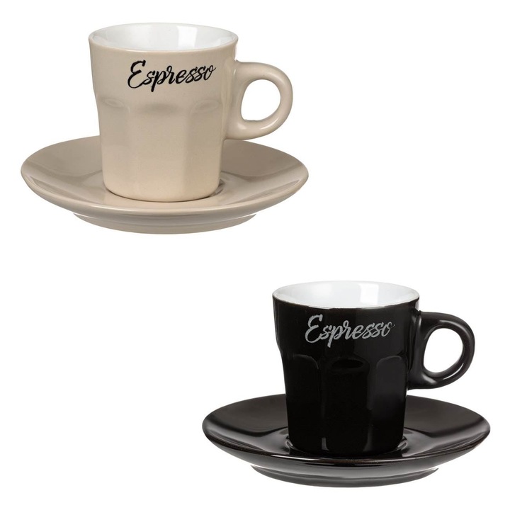 2 db csésze és csészealj készlet Shopiens® kerámia Espresso kávéhoz, fekete és bézs árnyalatokkal, 80 ml