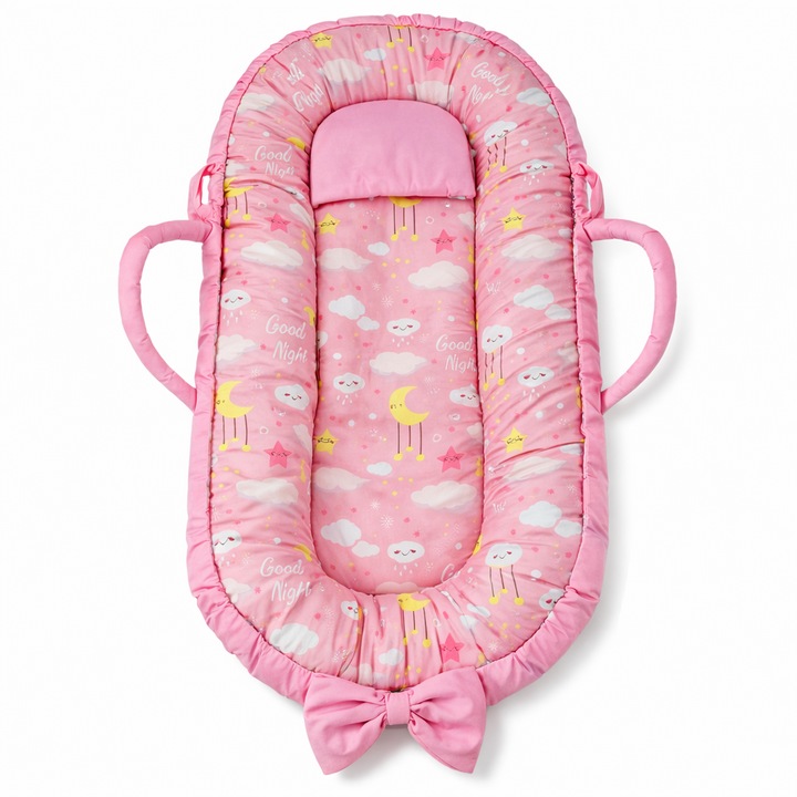 Cuib pentru bebeluși Kapinka, cu panglică, Norisori roz, 90x50