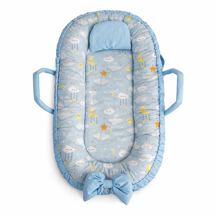 Cuib pentru bebeluși Kapinka, cu fundiță, Nori albaștri, 90x50