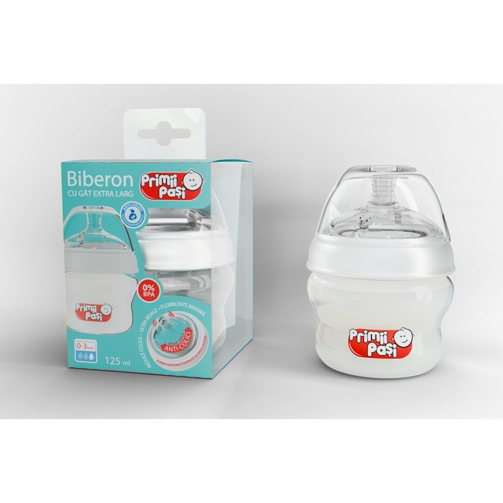 Biberon gat extralarg, tetina cu 2 valve, anticolici, 125 ml, Primii Pasi, EWP1002