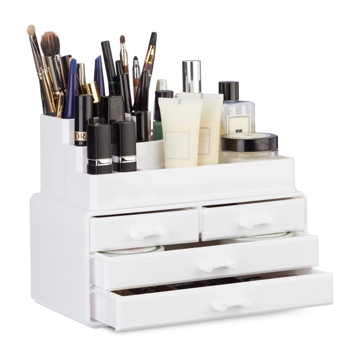 Organizator pentru produse cosmetice, 8 compartimente, 4 sertare, acrilic, alb, 19 x 23 x 14 cm