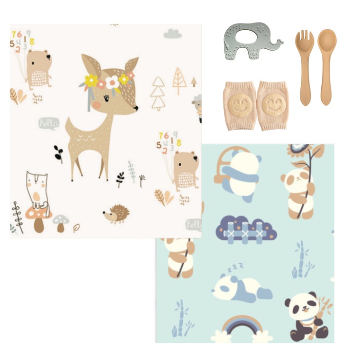 Термична подложка за игра за бебета и деца Infiniteea™, елен, панда, 180x200, 1 см, с 2 страни, сгъваема, против плъзгане, защита от удар, водоустойчива, лъжица, вилица, играчка за зъби, включени протектори за коленете