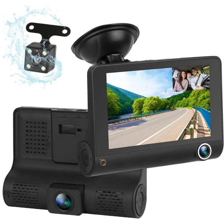 StartONTeam Тройна камера Auto DVR StartONTeam 1080p, IPS дисплей 4 инча, Ъгъл на запис 170°, Сензор за гравитация, Детекция на движение, Камера за заден ход, Нощно виждане, Поддържа MicroSD карта до 32GB, Черен