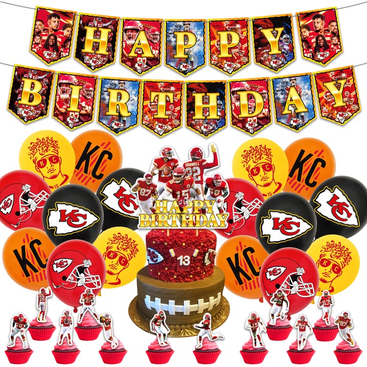 Set 16 baloane copii, kansas city, Petrecere Aniversara, Latex, 1 Banner La multi ani, 12 Cupcake Topper, 1 Cake Topper, Multicolor