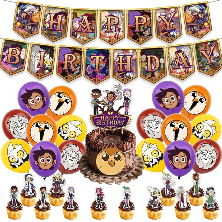 Set 16 baloane copii, Owl house, Petrecere Aniversara, Latex, 1 Banner La multi ani, 12 Cupcake Topper, 1 Cake Topper, Multicolor