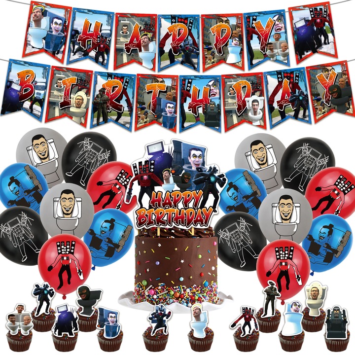 Set 16 baloane copii, skibidi toile, Petrecere Aniversara, Latex, 1 Banner La multi ani, 12 Cupcake Topper, 1 Cake Topper, Multicolor