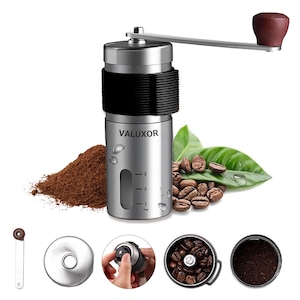 Rasnita cafea manuala, Valuxor®, Masina macinat cafea boabe, Otel inoxidabil ingrosat, Usor de curatat, Super-rezistenta ceramica moara, Granulatie 360° reglabila, Design portabil, Negru