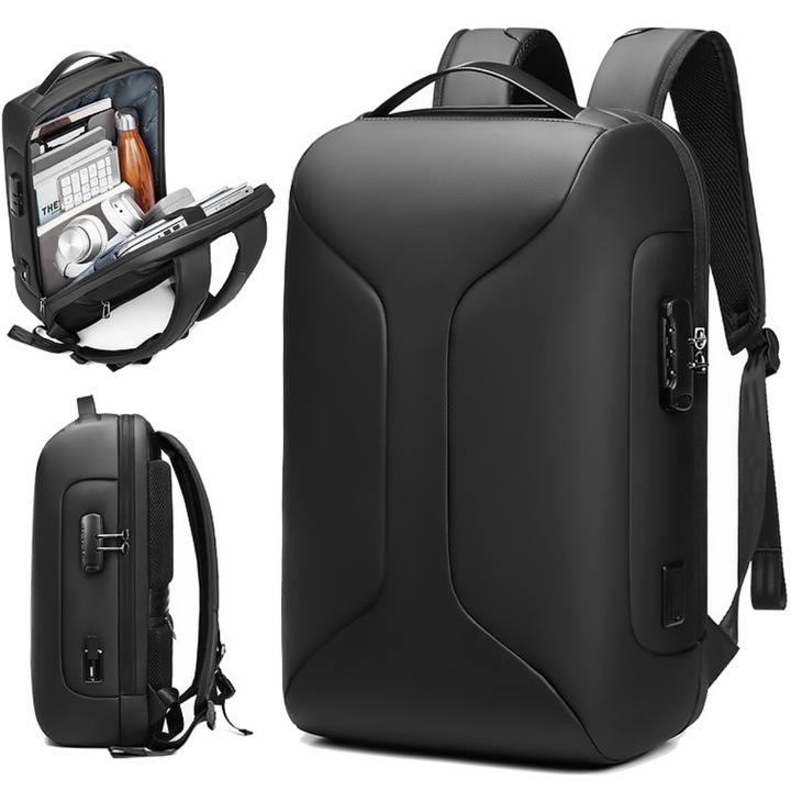 Rucsac elegant impermeabil multifunctional Dasbo®, pentru laptop sau calatorii, rezistent la uzura cu protectie, Antifurt, interfata USB, unisex, 15.6 inch, 30x16x47 cm, Negru