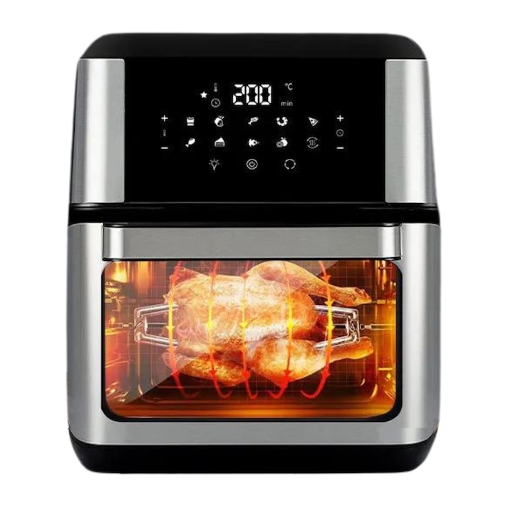 Friteuza cu aer cald, Dasbo®, Air Fryer fara ulei cu temperatura ajustabila, 10 Programe gatire, Capacitate 12 L, Timer, Display digital, Rotisor, 1700W, Negru
