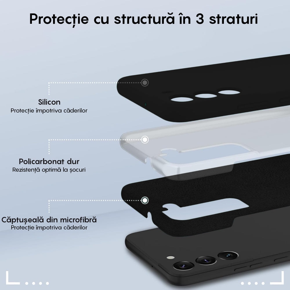 Husa CASEY STUDIOS™ compatibila cu Samsung Galaxy S22, Soft Silicone Premium, Microfibra in Interior, Negru, de Protectie, Ultra Slim, pentru Incarcare Wireless, Margini Ridicate pentru Protectia Ecranului si a Camerelor