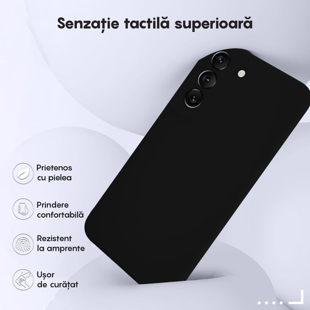 Husa CASEY STUDIOS™ compatibila cu Samsung Galaxy S22, Soft Silicone Premium, Microfibra in Interior, Negru, de Protectie, Ultra Slim, pentru Incarcare Wireless, Margini Ridicate pentru Protectia Ecranului si a Camerelor