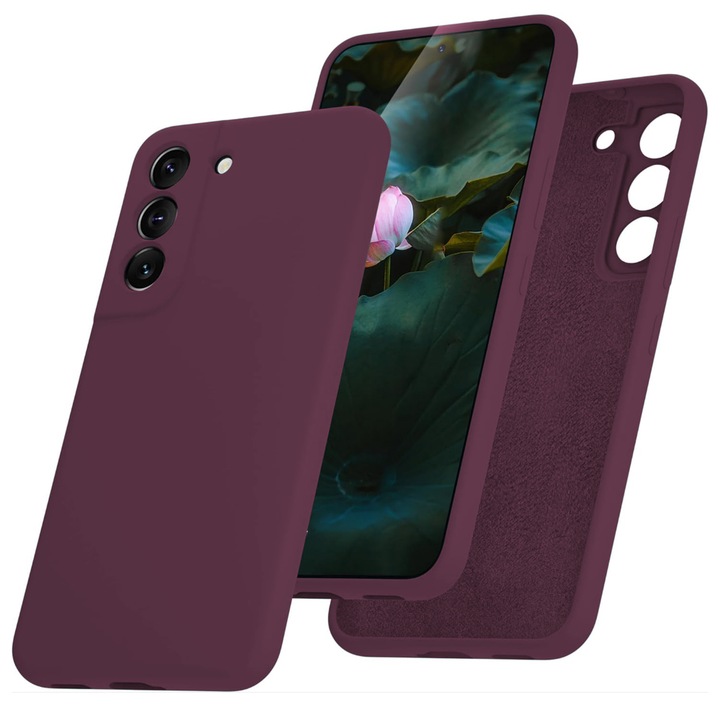CASEY STUDIOS™ Samsung Galaxy S22 készülékkel kompatibilis tok, puha prémium szilikon, bordó, mikroszálas belül, védő, ultravékony, vezeték nélküli töltéshez, emelt szélek a képernyő és a kamera védelméért