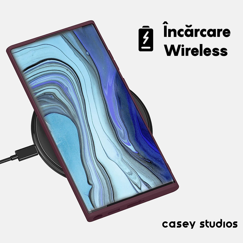 Husa CASEY STUDIOS™ compatibila cu Samsung Galaxy S22 Ultra, Soft Silicone Premium, Microfibra in Interior, Rosu bordo, de Protectie, Ultra Slim, pentru Incarcare Wireless, Margini Ridicate pentru Protectia Ecranului si a Camerelor