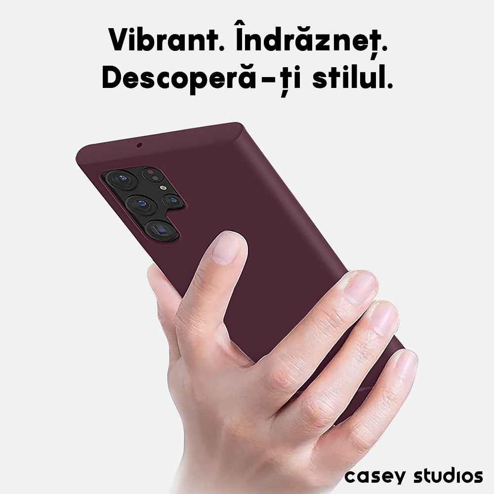 Husa CASEY STUDIOS™ compatibila cu Samsung Galaxy S22 Ultra, Soft Silicone Premium, Microfibra in Interior, Rosu bordo, de Protectie, Ultra Slim, pentru Incarcare Wireless, Margini Ridicate pentru Protectia Ecranului si a Camerelor