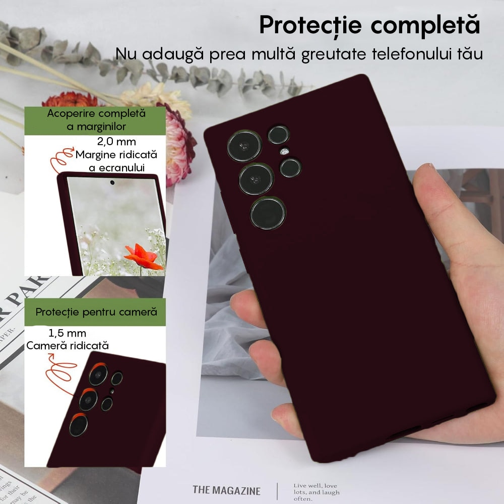 Husa CASEY STUDIOS™ compatibila cu Samsung Galaxy S24 Ultra, Soft Silicone Premium, Microfibra in Interior, de Protectie, Ultra Slim, pentru Incarcare Wireless, Margini Ridicate pentru Protectia Ecranului si a Camerelor, Bordeaux