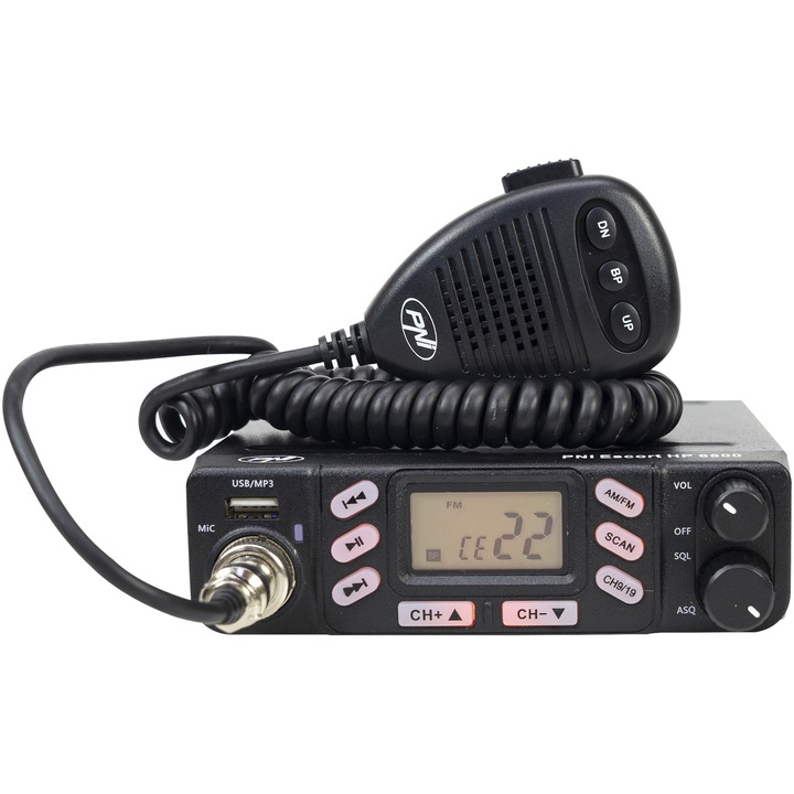 CB радиостанция PNI Escort HP 6800 ASQ, 12/24 V, MP3 плейър, USB жак, 4W, AM-FM, включен щепсел за запалка