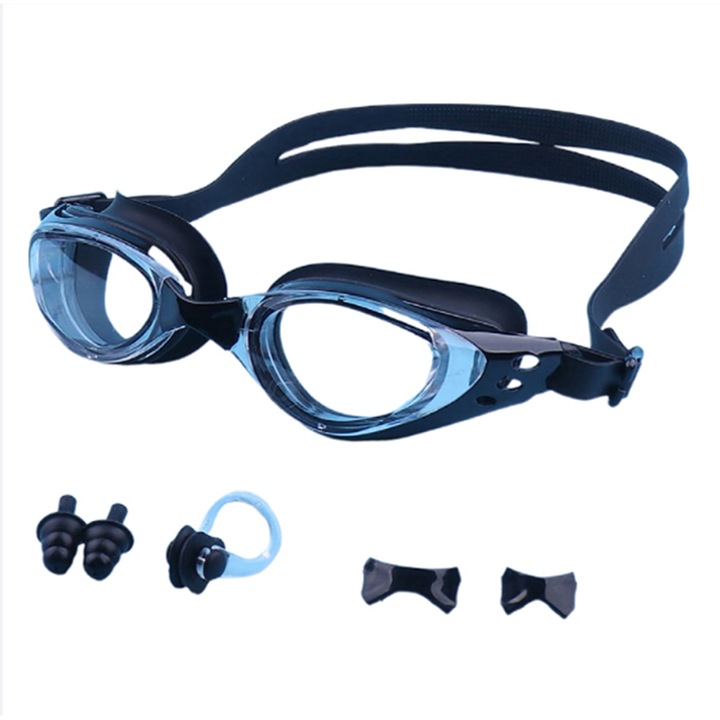Комплект за плуване, UV защита, поляризирани огледални лещи, регулируеми меки тапи за уши, за професионалисти и аматьори, унисекс, силикон/поликарбонат, черен