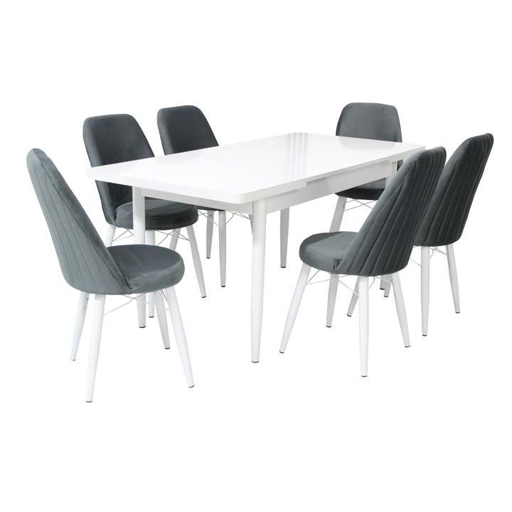Set masa extensibila Aris Alb cu 6 scaune Minerva, blat din PAL laminat, cadru din metal, picioare albe, tapiterie din material textil, alb/gri 130x80x78 cm