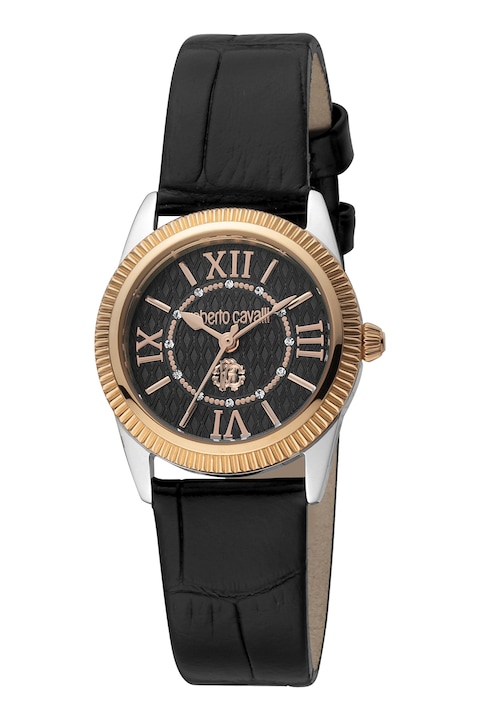 Roberto Cavalli, Часовник от неръждаема стомана с кожена каишка, Rose Gold, Черен