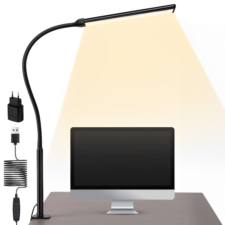 Lampa de Birou LED, BYONDSELF®, cu Brat Flexibil, Adaptor si Clema, 3 Moduri de Iluminare, 10 luminozitate, Incarcare USB, Negru