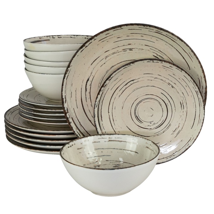Set farfurii 18 piese, pentru 6 persoane, Stone, 18 piese, Cesiro, Alb Ivoire cu linii negre