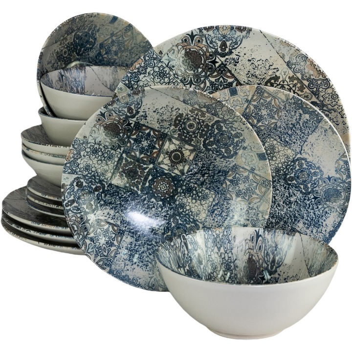 Сервиз за хранене Cesiro Blue Tiles, 16 части, Керамика, Син/Бял