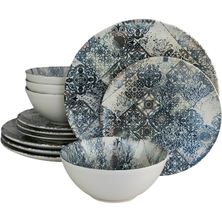 Сервиз за хранене Cesiro Blue Tiles, 12 части, Керамика, Бял/Син