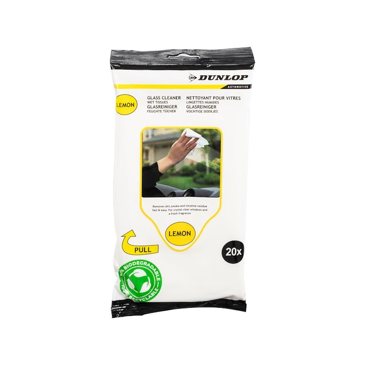 Servetele umede pentru curatarea geamurilor, Dunlop, 20 bucati, parfum de lamaie