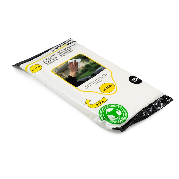 Servetele umede pentru curatarea geamurilor, Dunlop, 20 bucati, parfum de lamaie