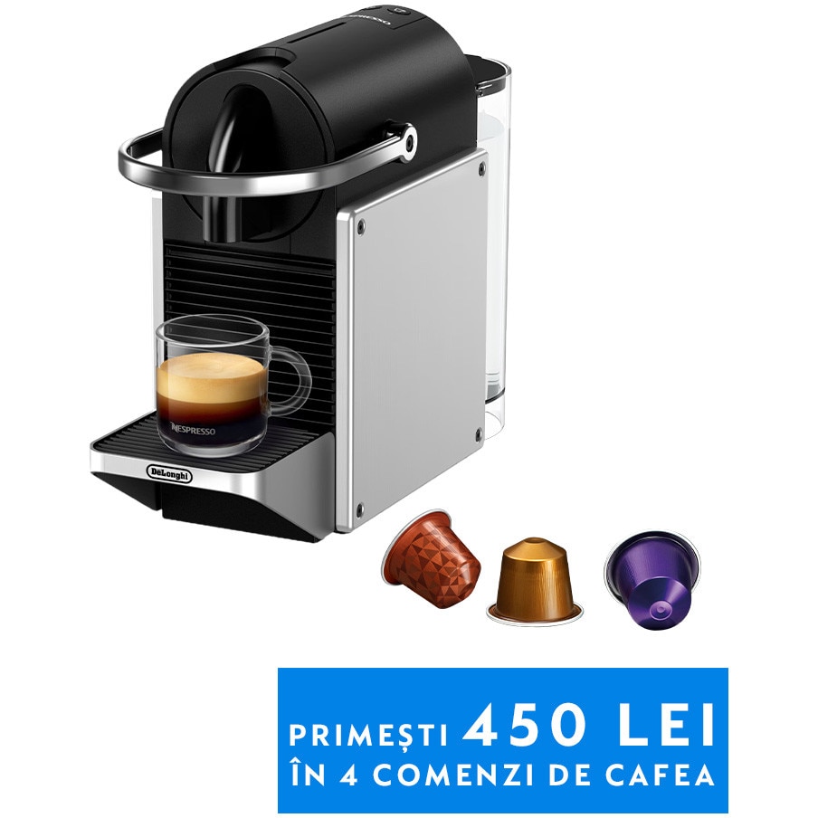 Espressor Nespresso De'Longhi Pixie EN127.S PIXIE, 0132193843, 19 bar, Incalzire rapida 25 secunde, Oprire automata, Capacitate rezervor de apa 0.7 l, argintiu, set capsule degusta