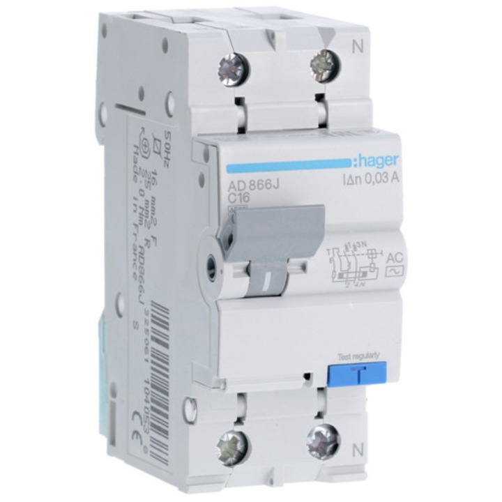 Siguranta electrica automata diferentiala Hager AD866J, P+N, C, 4,5kA, tip AC, 16A/30mA