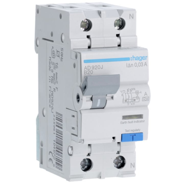 Автоматичен диференциален предпазител Hager AD920J, P+N, B, 6kA, Тип A, 20A/30mA