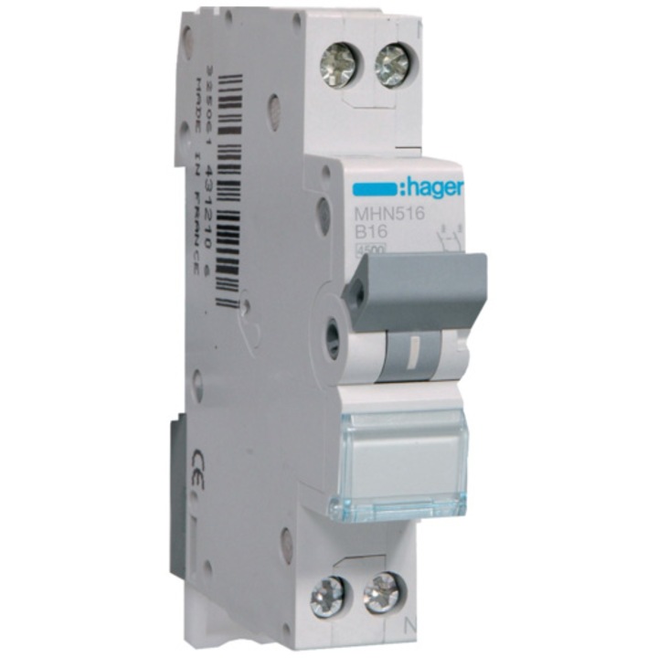 Автоматичен електрически предпазител Hager MHN516, 1P+N, 4.5kA, B, 1M, 16A
