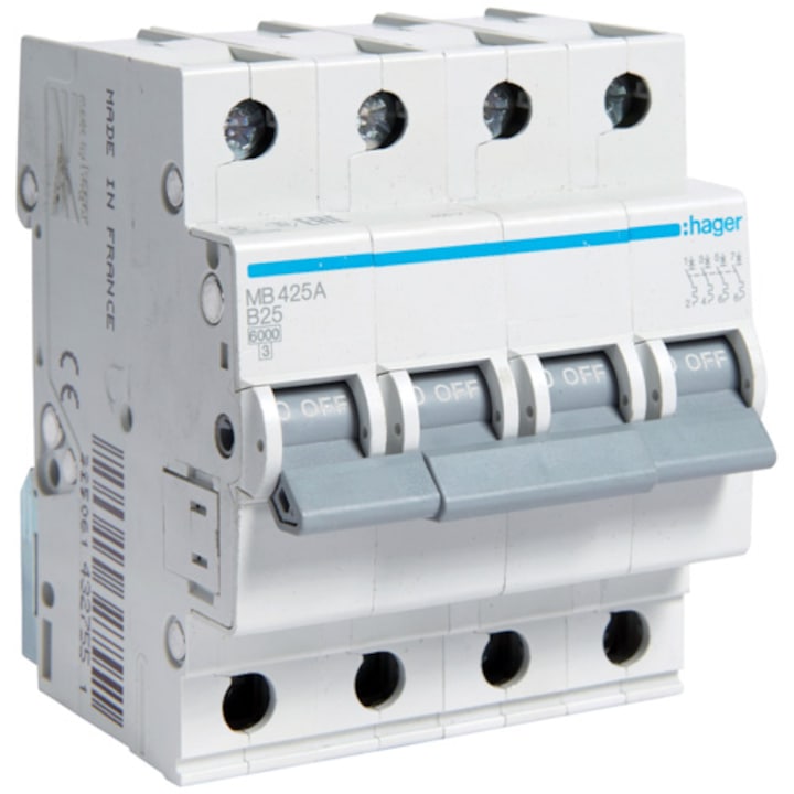 Автоматичен електрически предпазител Hager MB425A, 4P, 6kA, B, 4M, 25A