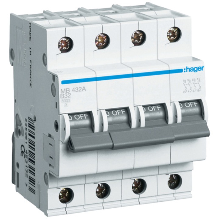 Siguranta electrica automata Hager MB432A, 4P, 6kA, B, 4M, 32A