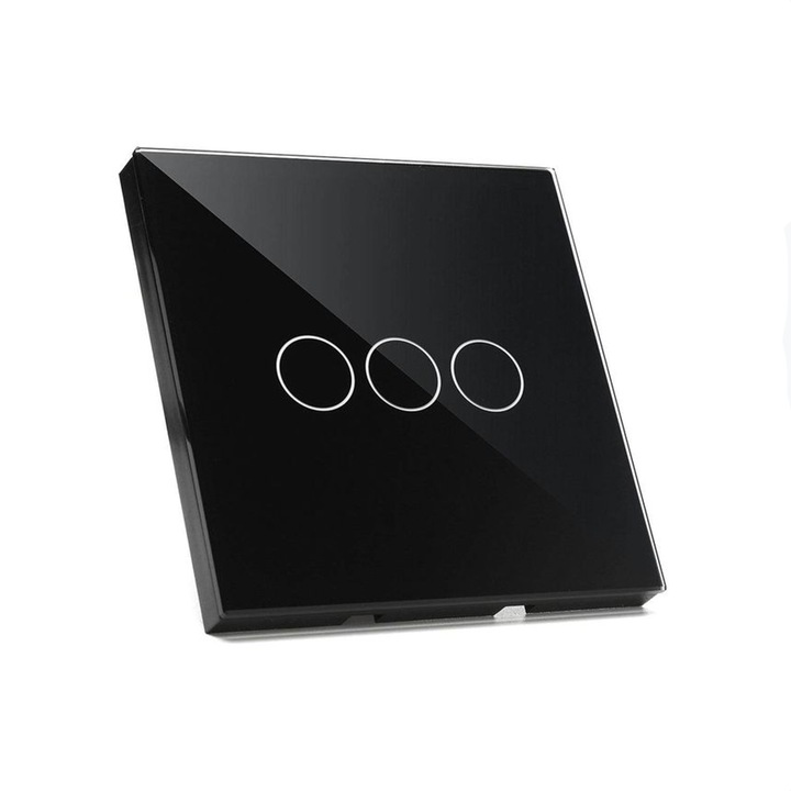 Intrerupator Touch Cu Lumina Triplu EDAR, De Perete, Din Sticla Securizata, Serie 2024, Iluminare LED, Ecran Tactil, Elegant, 3 Faze, Negru
