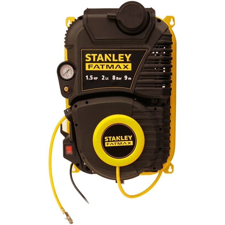 Стенен безмаслен компресор Stanley FMXCMD152WE, 1.5 к.с., 230 V, 160 л/мин входящ въздушен поток, 8 бара максимално налягане, 2 л капацитет на цилиндъра, 9 м дължина на маркуча