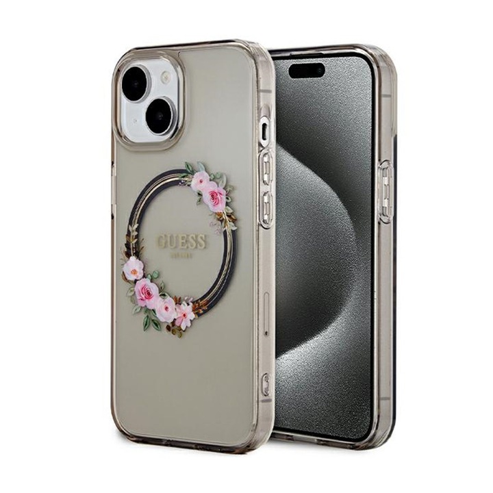Husa telefon Guess IML Flowers Wreath, compatibil MagSafe, pentru iPhone 15, motiv floral, negru