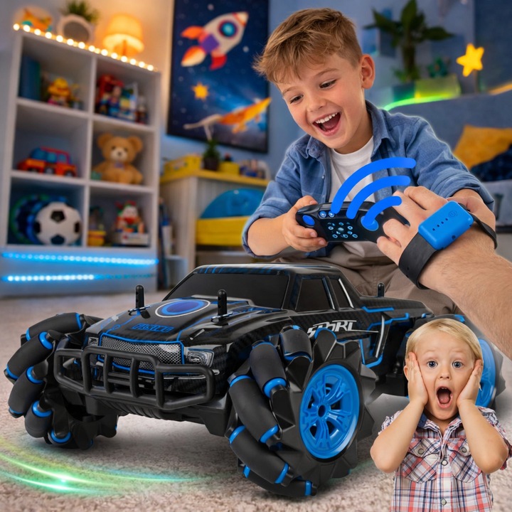 Masinuta cu Telecomanda King Sport idealSTORE, Include 17 Butoane pentru Control, Ceas cu 3 moduri pentru Controlul Masinutei, Control Volum, Sunete si Cantece de Masina, Lumini Albastre, Roti Cauciucate, Viraj Stanga-Dreapta, Inainte-Inapoi, Lateral
