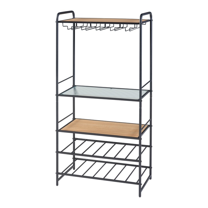 Suport sticle cu vin, en.casa, PXFF-0142 Hustadvika, 120 x 61 x 33 cm, metal, mdf, sticla, negru, efect lemn stejar, transparent, pentru 14 sticle