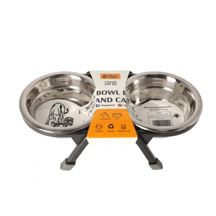 Set 2 boluri hranire Dingo, antiderapante, negru metalic, 240ml