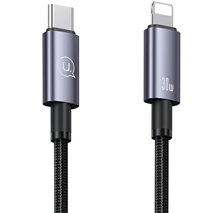Cablu de date Usams, USB-C - Lightning, incarcare rapida, nylon, negru, 0,25m