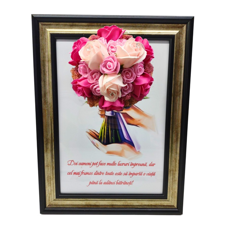 Tablou in rama A4 (30x21 cm) - Doi oameni pot face multe lucruri impreuna, dar cel mai frumos dintre toate... - v8 decorat cu flori de sapun roz - roz pal