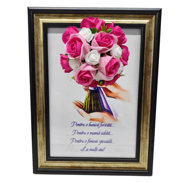 Tablou in rama A4 (30x21 cm) - Pentru o bunica fericita, pentru o mama iubita, pentru o femeie speciala! - v8 decorat cu flori de sapun roz - roz inchis