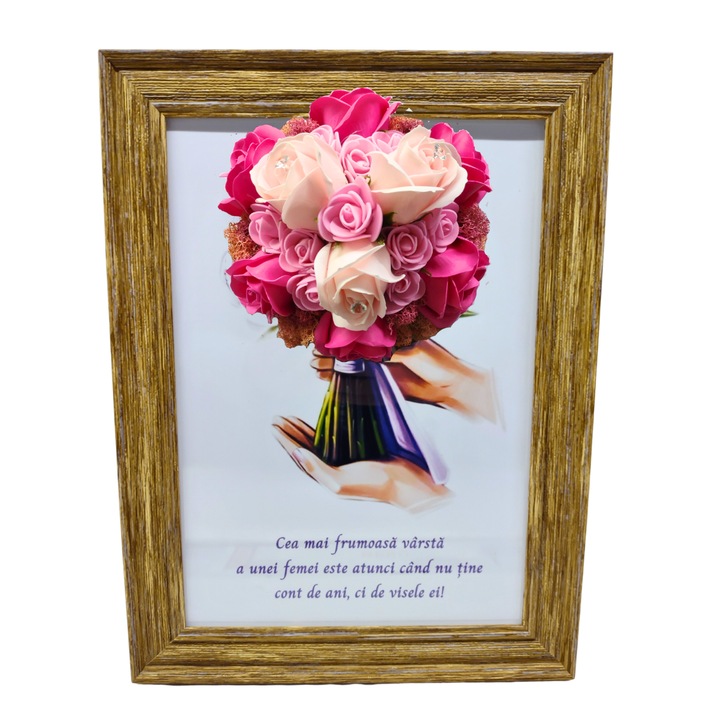 Tablou in rama A4 (30x21 cm) - Cea mai frumoasa varsta a unei femei este atunci cand...-v9 decorat cu flori de sapun roz - roz pal