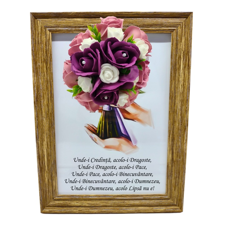 Tablou in rama A4 (30x21 cm) - Binecuvantarea Casei - v9 decorat cu flori de sapun visiniu - roz pal